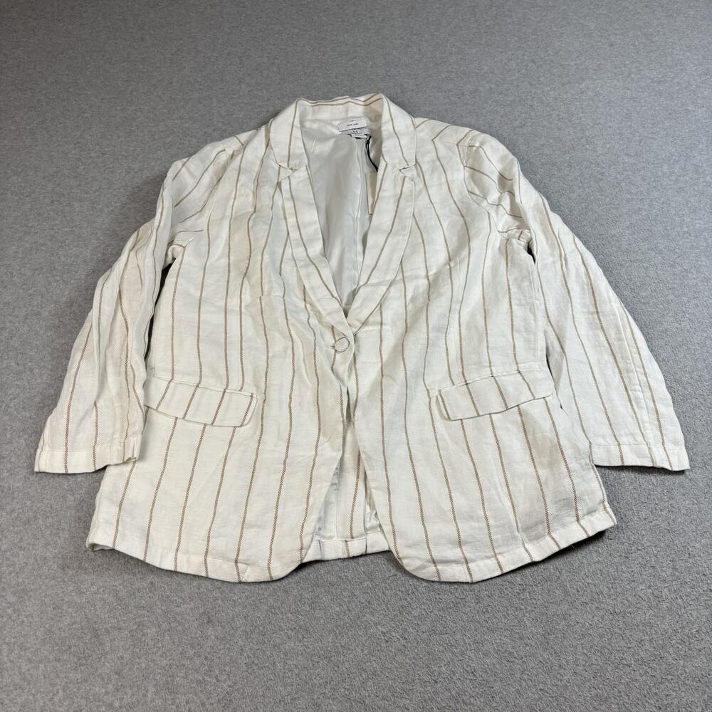Halston Linen Jacket Women Large White Stripe Blazer Lightweight Quiet Luxury